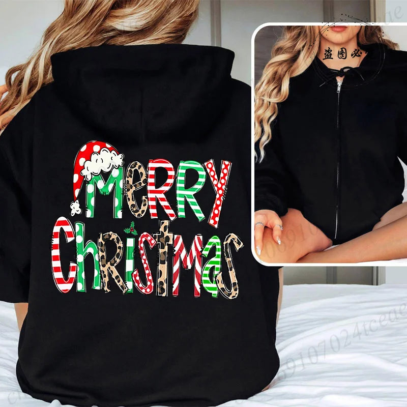 Women Men Oversize Merry Christmas Reindeer Print Zipper Hoodies Coat Tops Femme Zip Sweatshirts Christmas Party Jackets