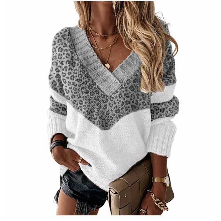 Women's Knitted V-neck Sweaters Stitching Contrast Color Long-Sleeved Knitting Top Pullover Autumn Winter Warm Female Jumper