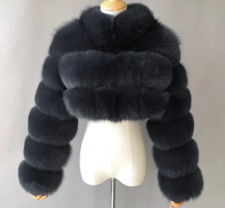 DEAT Fashion Women's Faux Fur Coats Neck Long Sleeve Zipper Short Solid Color Thick Warm Jackets Winter 2024 New 7AB6434