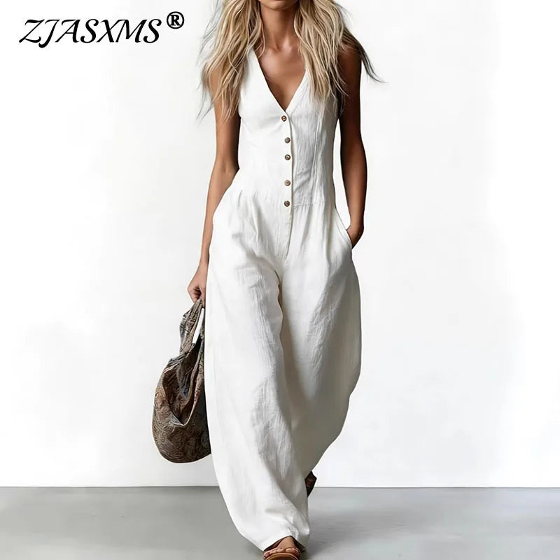 Women's Spring Casual Rompers Pocket Wide Leg Jumpsuit V Neck Button Summer Sleeveless Vacation Beach Overalls
