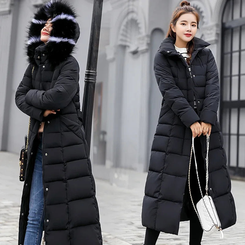 Women's Winter Jacket Warm Fashion Comfortable Bow Belt Fox Fur Collar Clothes Long Thick Coats