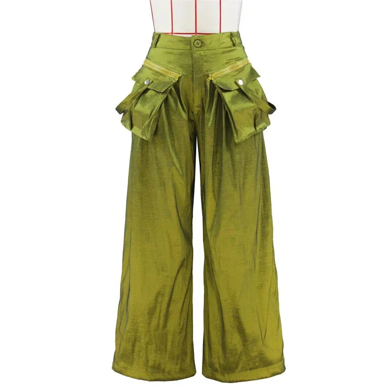 Women Fashion Streetwear High Waist Removable Pockets Wide Leg Pants Summer Trousers