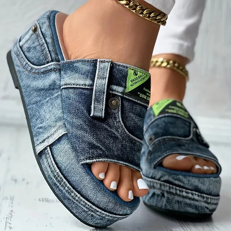 Women's New Elegant Casual Denim Summer Slippers Comfortable Slip-on Shoes Beach Walking Slippers