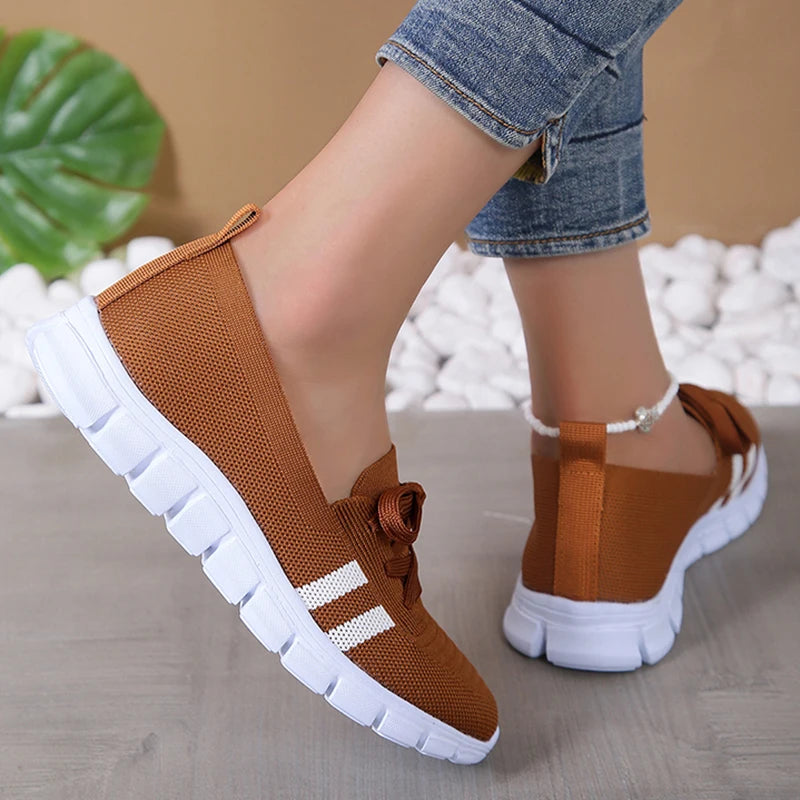 Women 2024 Knitted Striped Flats Lace Up Casual Sneakers Shoes