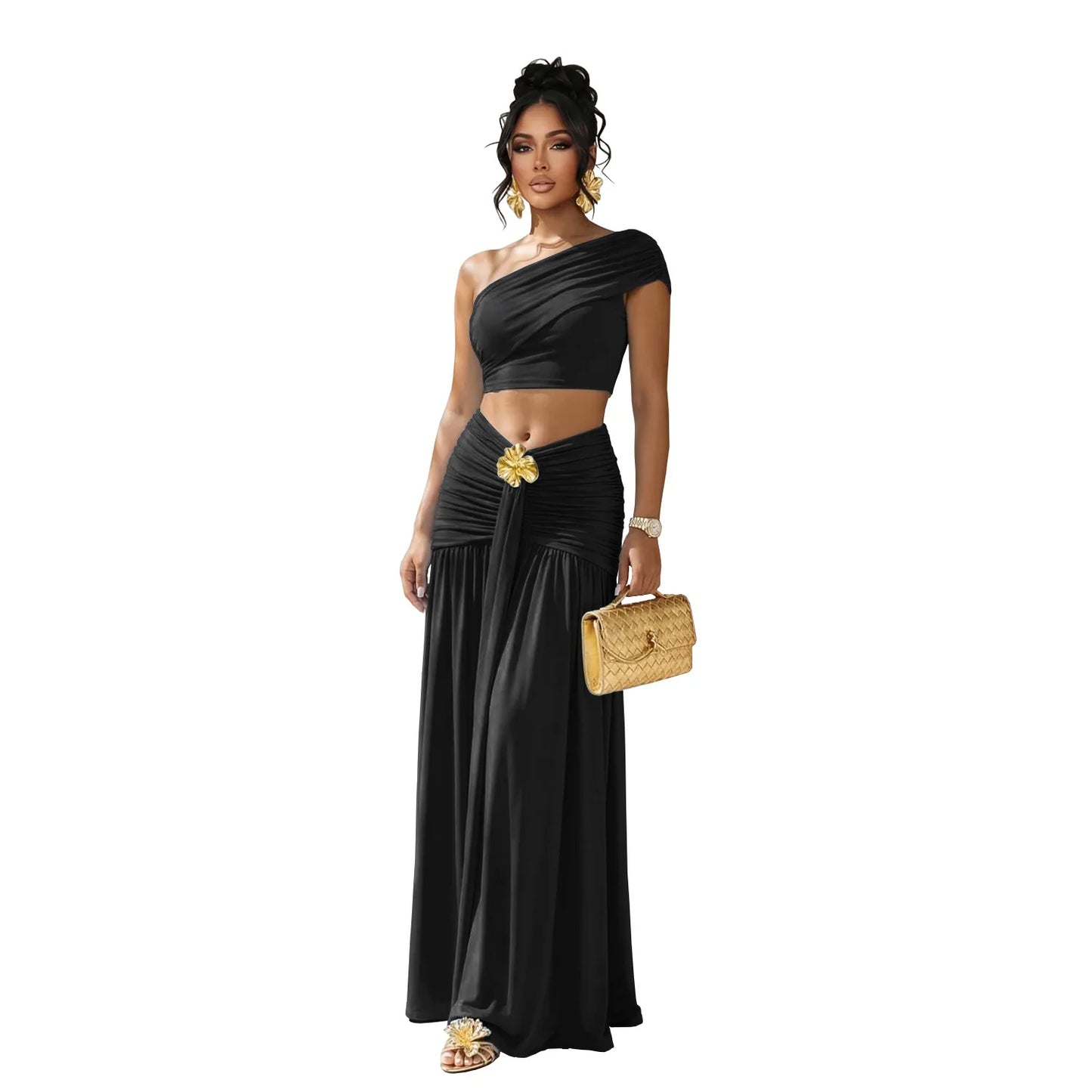 Women's Casual Off Shoulder Solid Color 2 Pieces Set Backless Crop Top + Skirt Matching