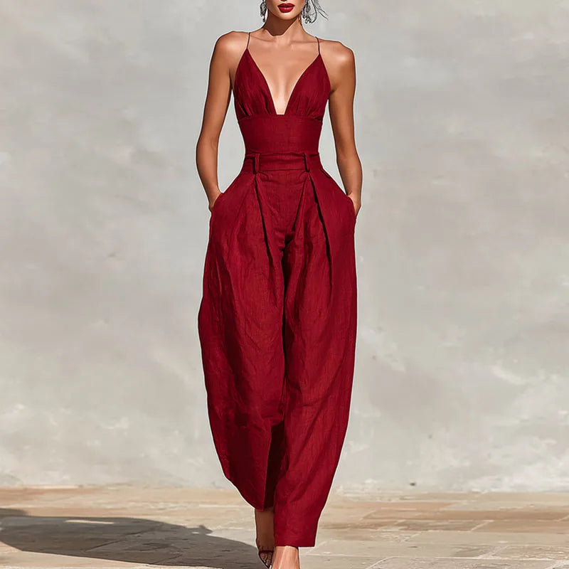Women's 2026 Solid Sleeveless Jumpsuit Spaghetti Strap V Neck High Waist Loose Leg Overalls Holiday Backless With Pockets Jumpsuit