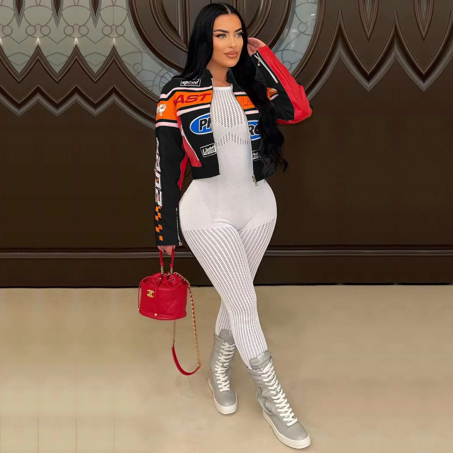 Women's Printed Cyber Racer Jackets Fashion Baseball Coats Y2K Streetwear Winter Fall Clothing Graphic Top Jackets Crop Coats