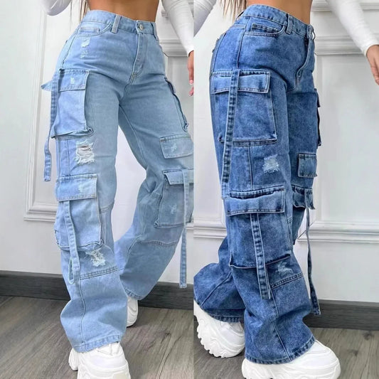 Women's New Casual Fashion Workwear Denim High Waist Multi Pocket Loose Fit Jeans Versatile plus Size