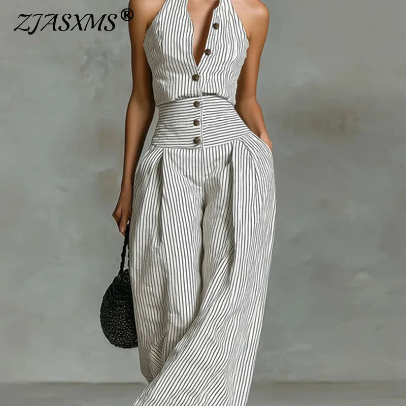 Woman's Summer Sleeveless Wide Leg Pants Jumpsuit Spring Plaid Print Loose Rompers Halter Hollow Boho Vacation Overalls
