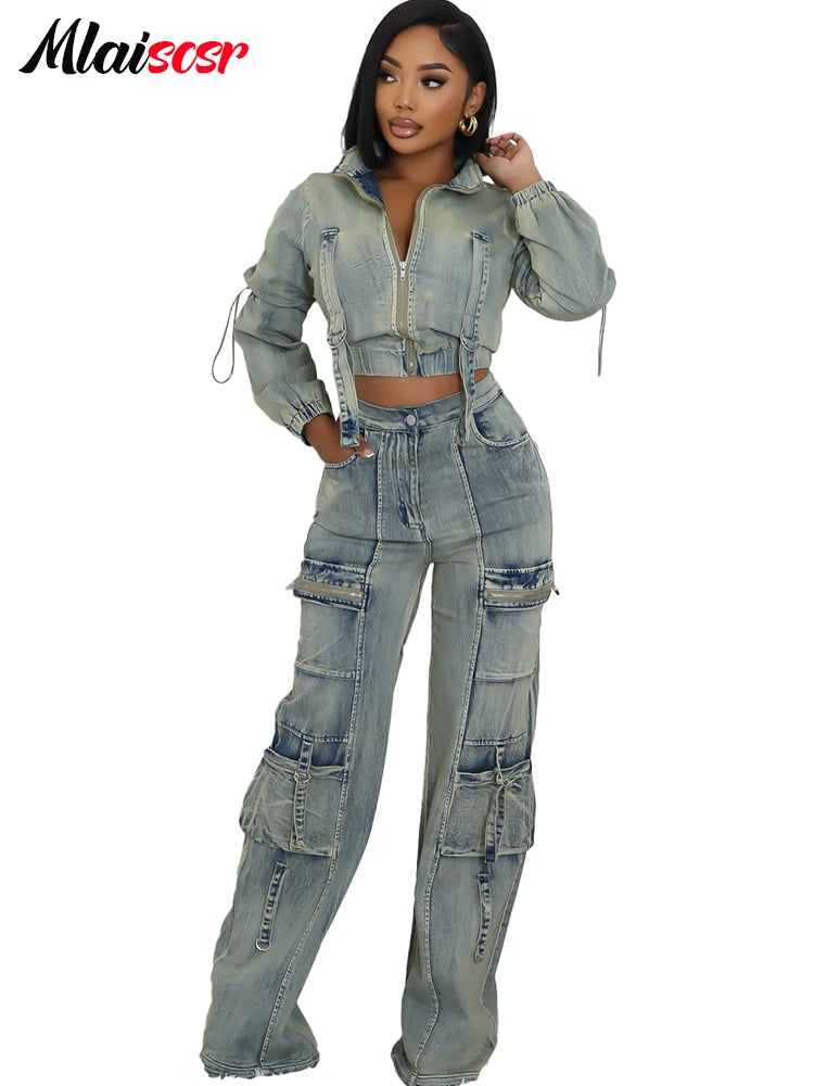 Women's Vintage Stretch Denim 2 Piece Pants Sets Zip Jackets and Pocket Cargo Jeans Outfit Streetwear Winter Suits