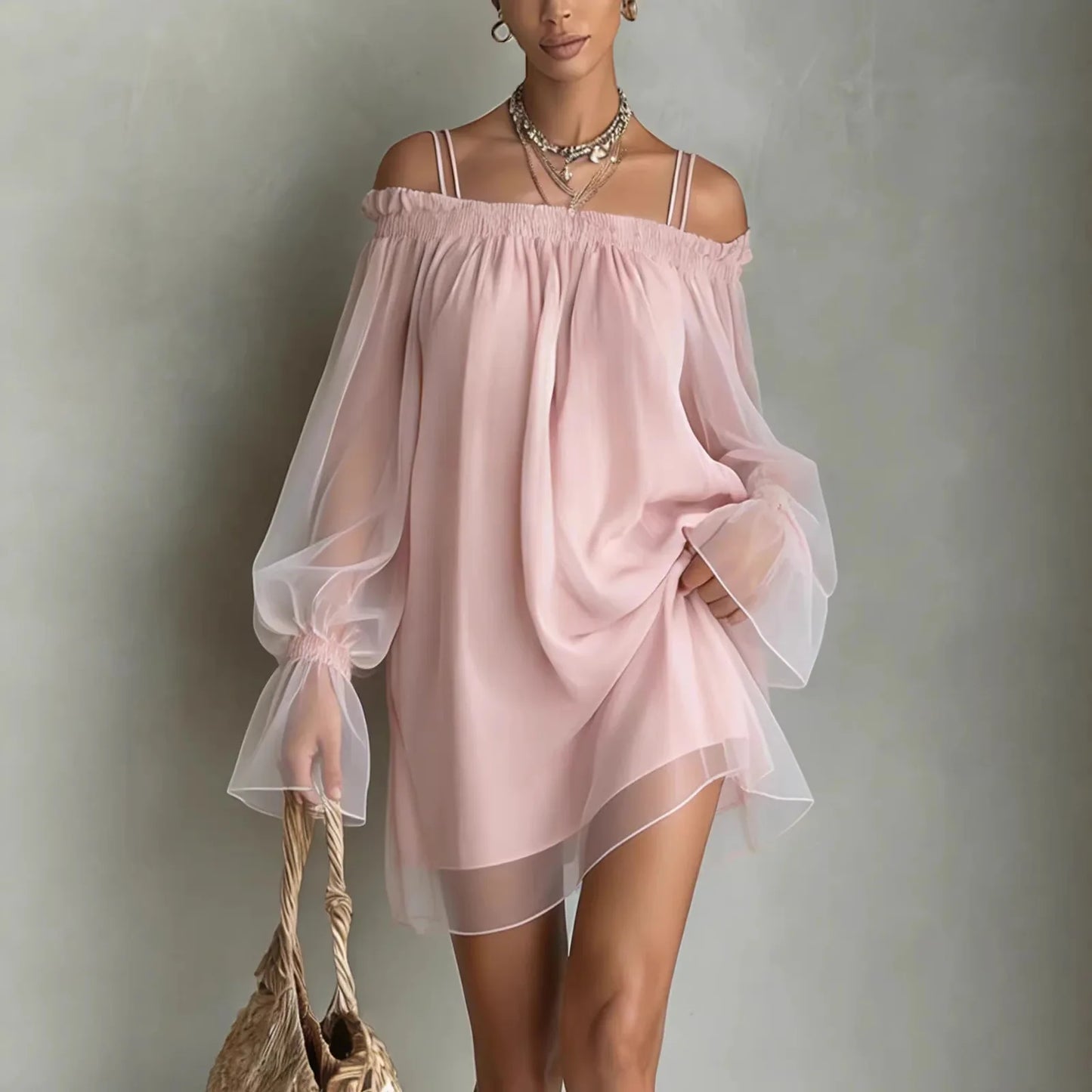 Women's Elegant Double Strap Off Shoulder Dresses Sweet Fairy Mini Loose Dresses Summer New Sheer Mesh Long Sleeve Ropa Muje