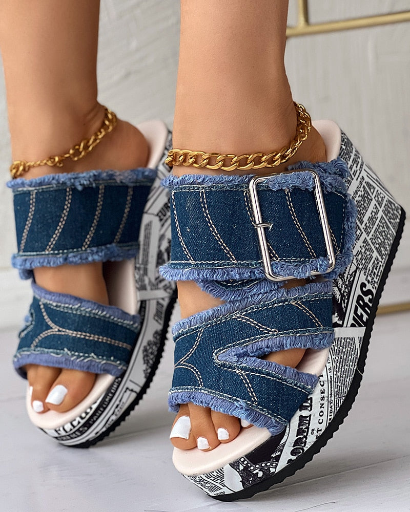 Women Casual Newspaper Buckled Denim Wedge Slippers Sandals