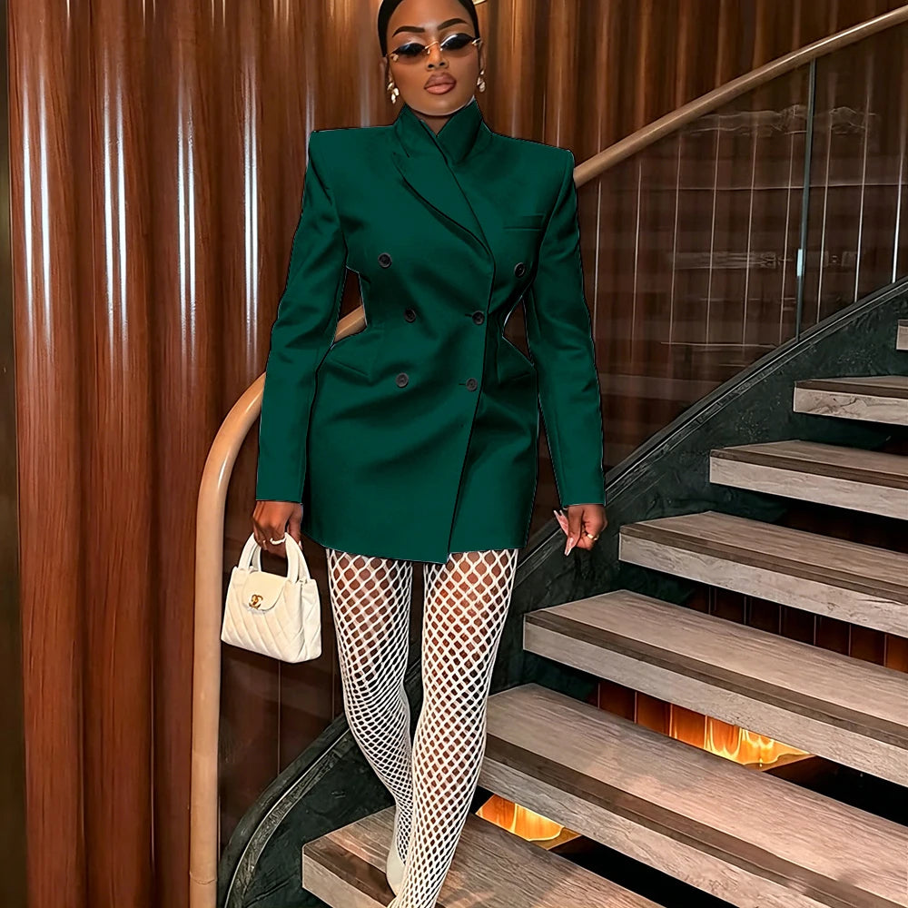 Women's Elegant White Oversized Jacket Double Breasted Blazer Dress Elegant Formal Long 1 Piece Suit for Evening Party