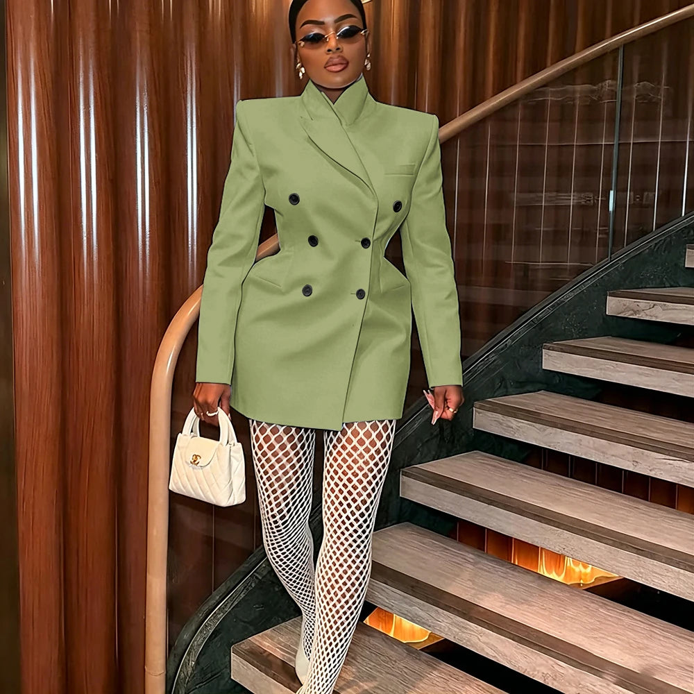 Women's Elegant White Oversized Jacket Double Breasted Blazer Dress Elegant Formal Long 1 Piece Suit for Evening Party