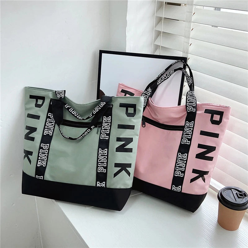 Woman Pink Letter Graphic Tote Casual Shoulder Handbags Bags Sports Fitness Tote Bag Nylon Fabric Bags Women Handbag