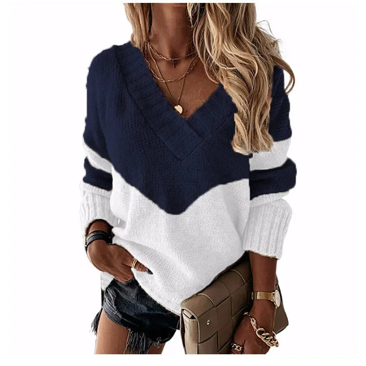 Women's Knitted V-neck Sweaters Stitching Contrast Color Long-Sleeved Knitting Top Pullover Autumn Winter Warm Female Jumper
