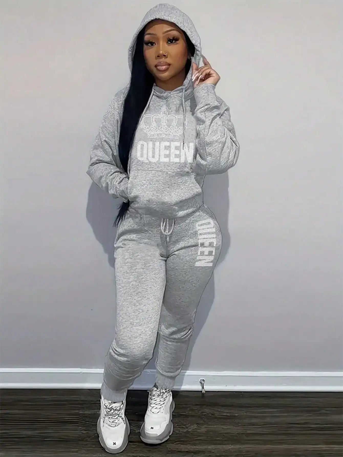 Queen's Big Crown Printed Hoodie Sets for women Street Hip Hop Clothing Casual Female 2pcs Clothing Plush sweatshirt Y2K Youthful