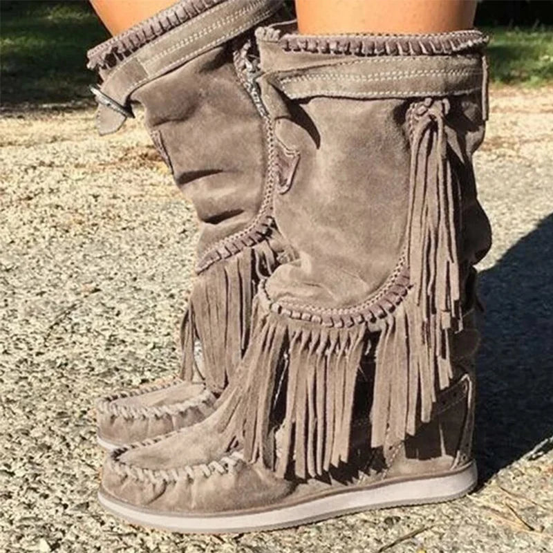 Woman's Pleated Tassel Mid-Calf Boots Sewing Footwear Buckle Leather High Heels Boots