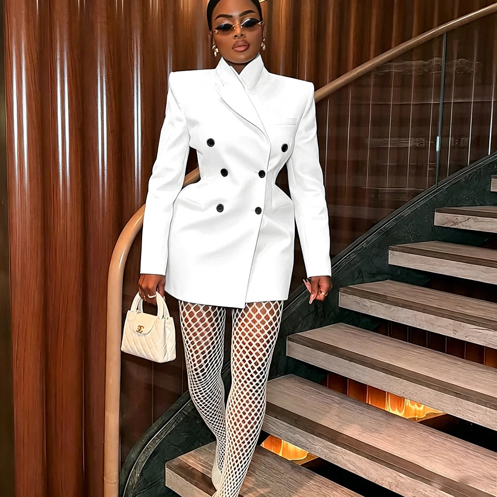 Women's Elegant White Oversized Jacket Double Breasted Blazer Dress Elegant Formal Long 1 Piece Suit for Evening Party