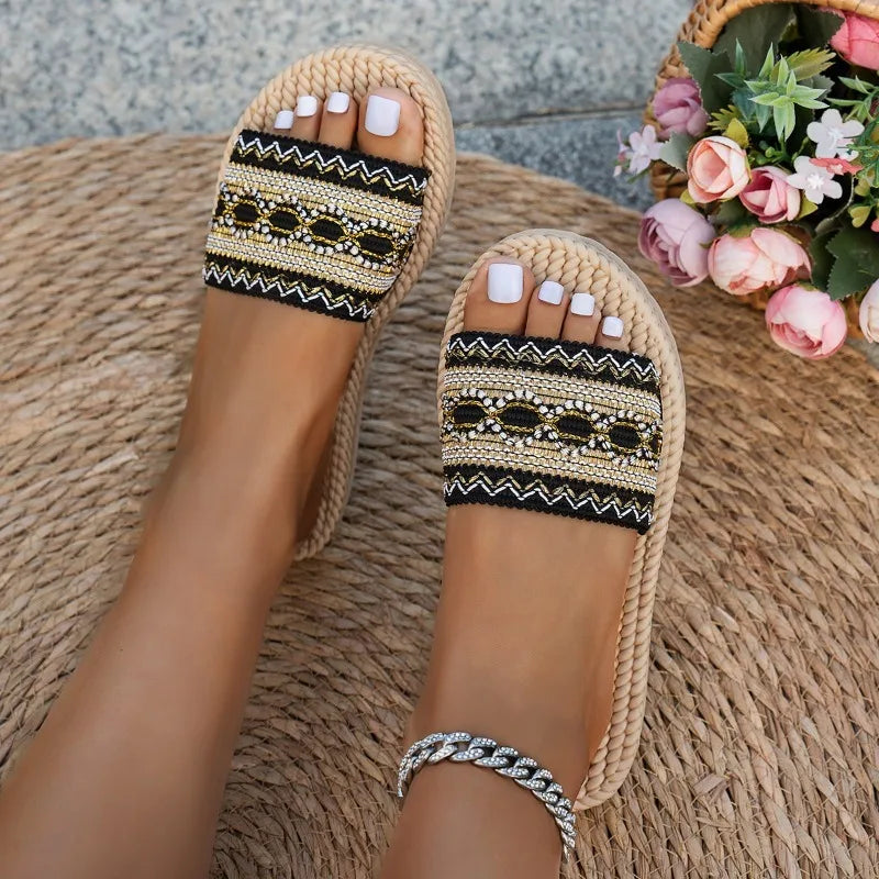 Women's Bohemian Ethnic Outdoor Flat Shoes Women Large Size Sandals Fashion Tassel Beach Slippers