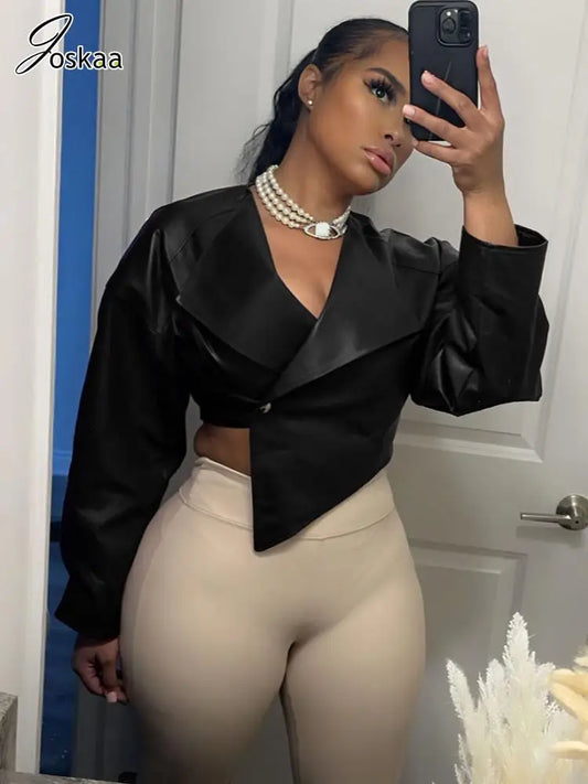 Women's Fall PU Leather Jackets Fashion Solid Lapel Full Sleeve Slim Crop Coats Outerwear Y2K Streetwear