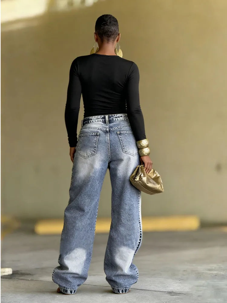 Women's European And American Style Patchwork Washed Pleated Straight Leg Jeans For Women Spring 2026 New
