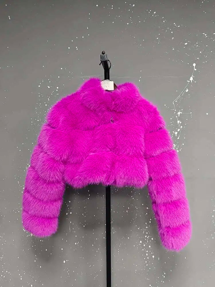 DEAT Fashion Women's Faux Fur Coats Neck Long Sleeve Zipper Short Solid Color Thick Warm Jackets Winter 2024 New 7AB6434