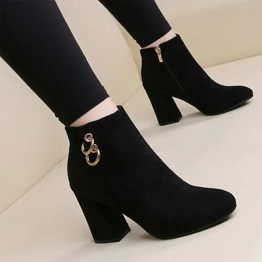 Women's Vintage Retro Plush Warm Autumn Winter Ankle Boots Block Heel Zipper High Heels