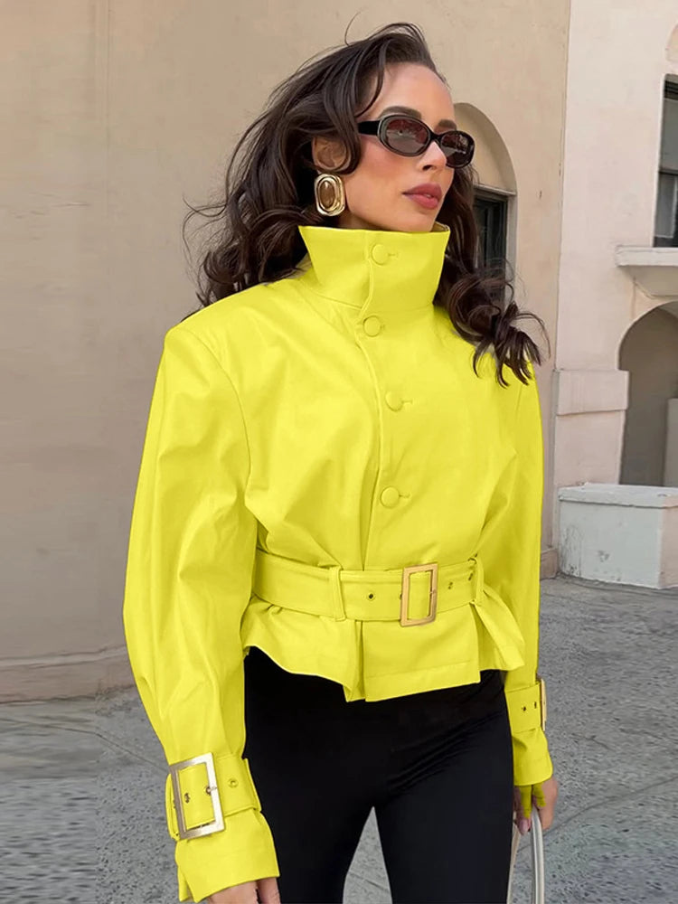 Women's Solid Colors All-match Crop Jackets High Neck Button Front Belted Waist Long Sleeve Metal Buckle Cuff Coat 2026 Autumn Chic Coats