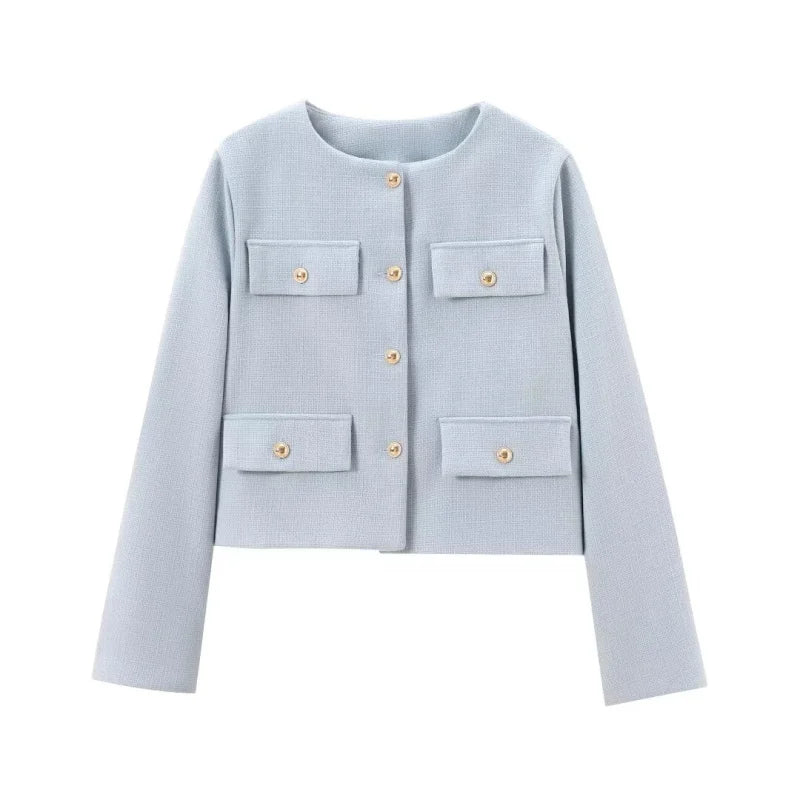 Women's Autumn/Winter Vintage Jackets crew neck gold button flip pocket embellishment short coat