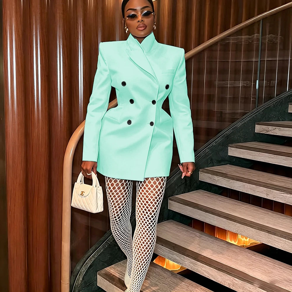 Women's Elegant White Oversized Jacket Double Breasted Blazer Dress Elegant Formal Long 1 Piece Suit for Evening Party