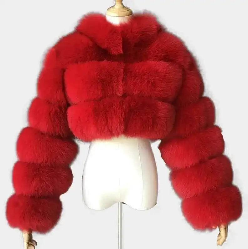 DEAT Fashion Women's Faux Fur Coats Neck Long Sleeve Zipper Short Solid Color Thick Warm Jackets Winter 2024 New 7AB6434