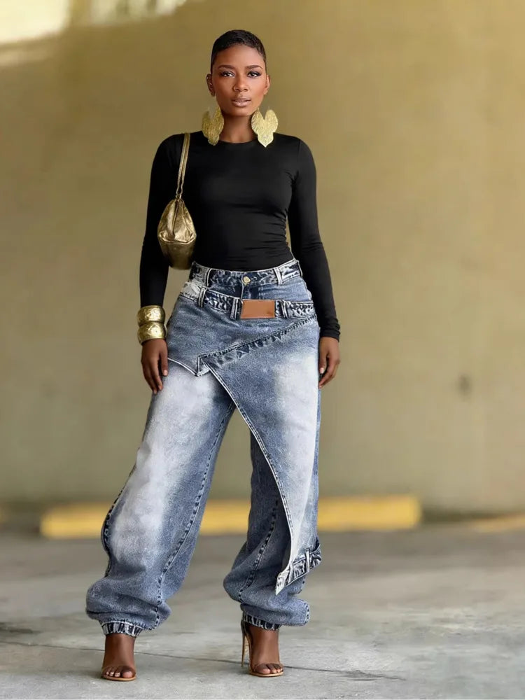 Women's European And American Style Patchwork Washed Pleated Straight Leg Jeans For Women Spring 2026 New