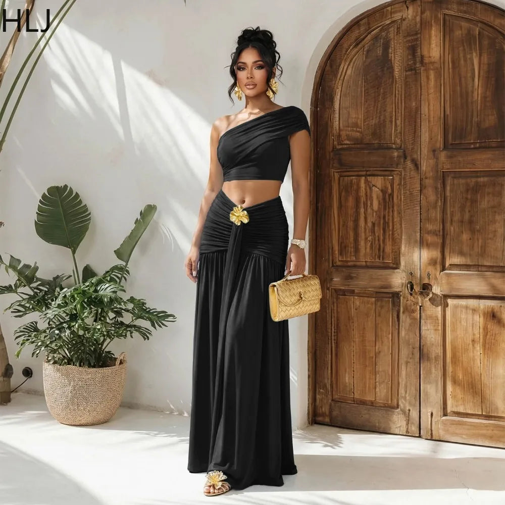 Women's Casual Off Shoulder Solid Color 2 Pieces Set Backless Crop Top + Skirt Matching