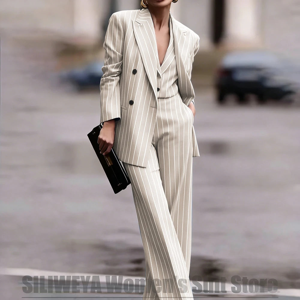 Navy Women's Double Breasted Striped 3 Piece Suits Blazer Vest Wide-Leg Pants Set Fashion Formal Party Office Casual Outfit