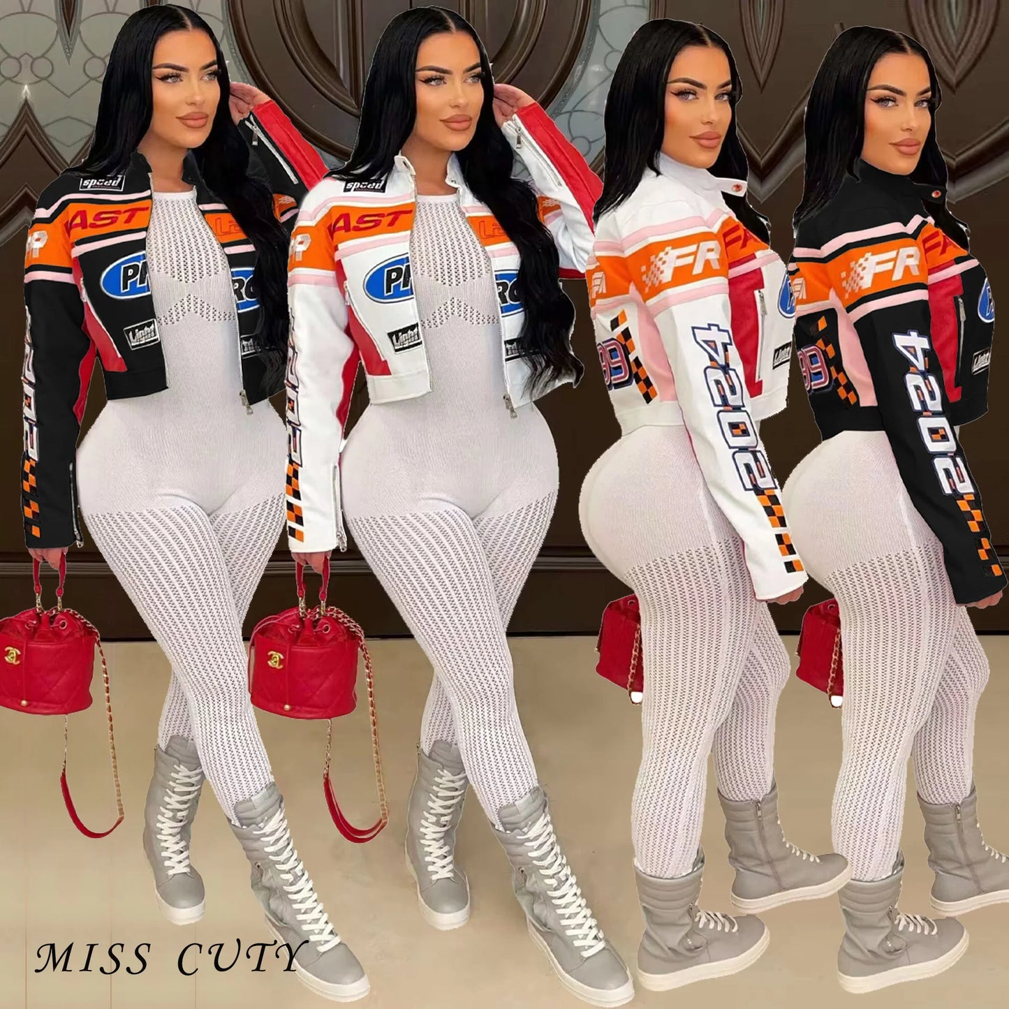 Women's Printed Cyber Racer Jackets Fashion Baseball Coats Y2K Streetwear Winter Fall Clothing Graphic Top Jackets Crop Coats