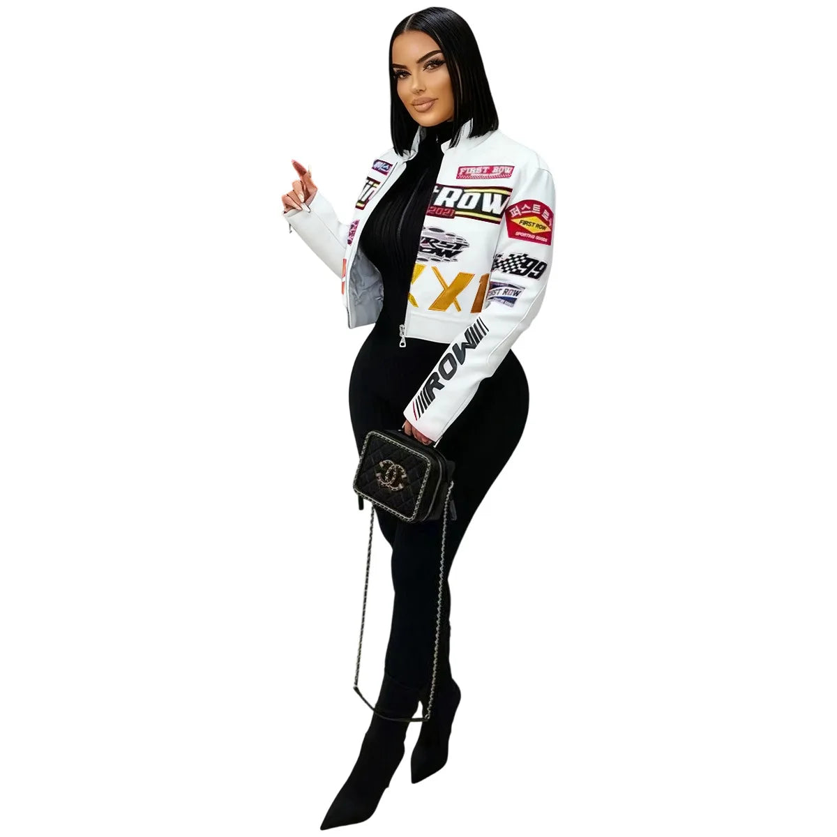 Women's PU Leather Printed Motorcycle Jacket Single Piece Fashionable Streetwear Comfortable Long Sleeve Fall Trendy