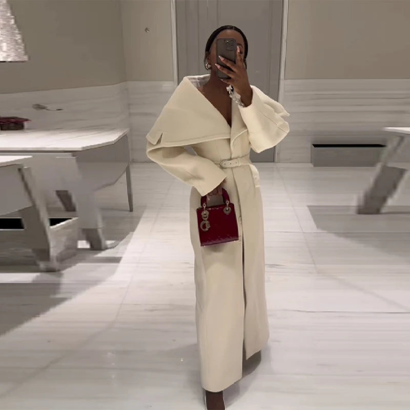 Women Stylish Elegant Woolen Belted Coat High-end Office Ladies Sophisticated Modest Trendy Long Outerwear