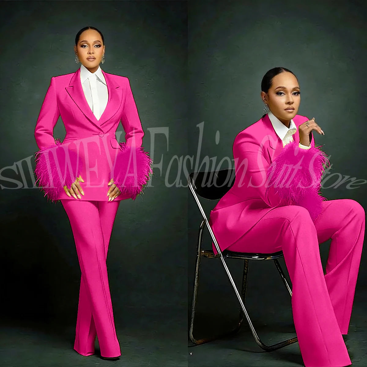 Women's  Luxury Feather Applique Single Breasted 2 Piece Suits