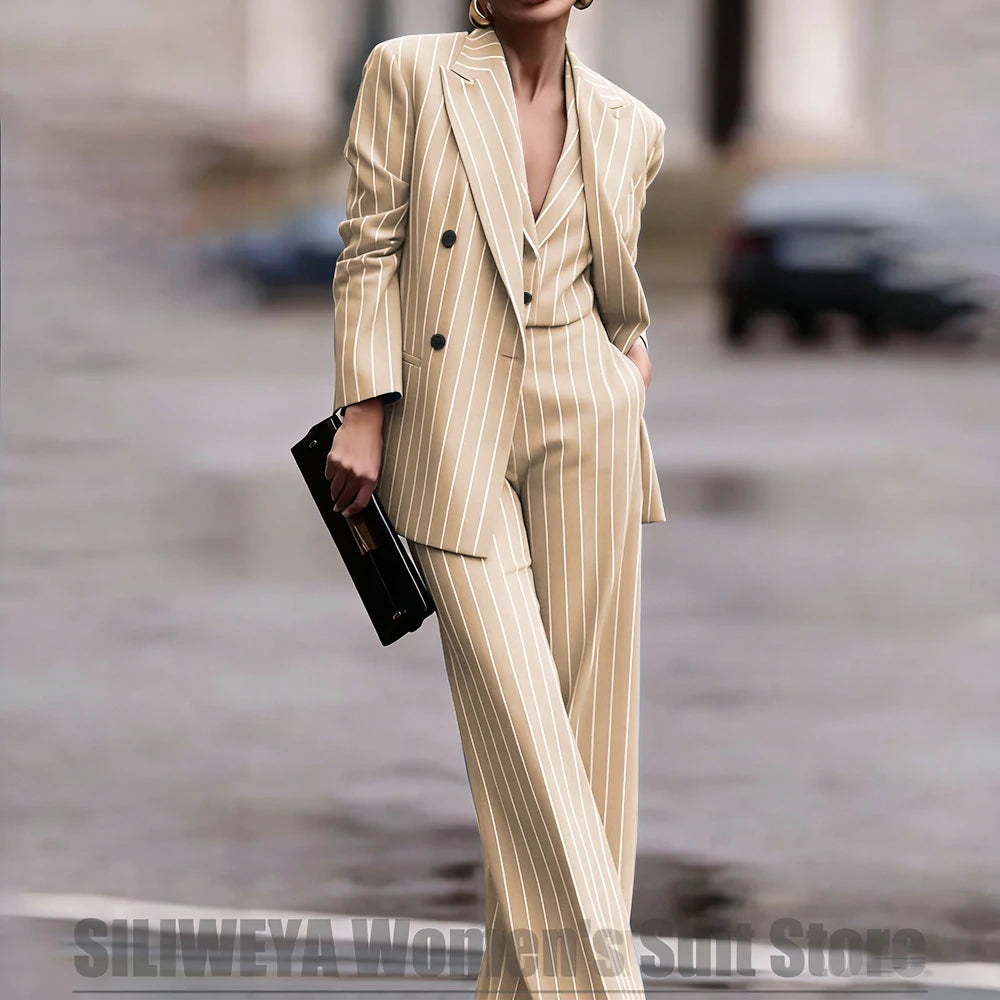 Navy Women's Double Breasted Striped 3 Piece Suits Blazer Vest Wide-Leg Pants Set Fashion Formal Party Office Casual Outfit