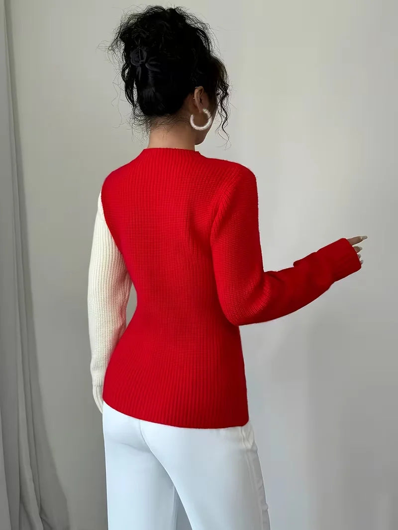 Women's Color-Block Heart Pattern Knitted Pullover for Autumn and Winter, Round Neck, Long-Sleeve, Casual and Versatile