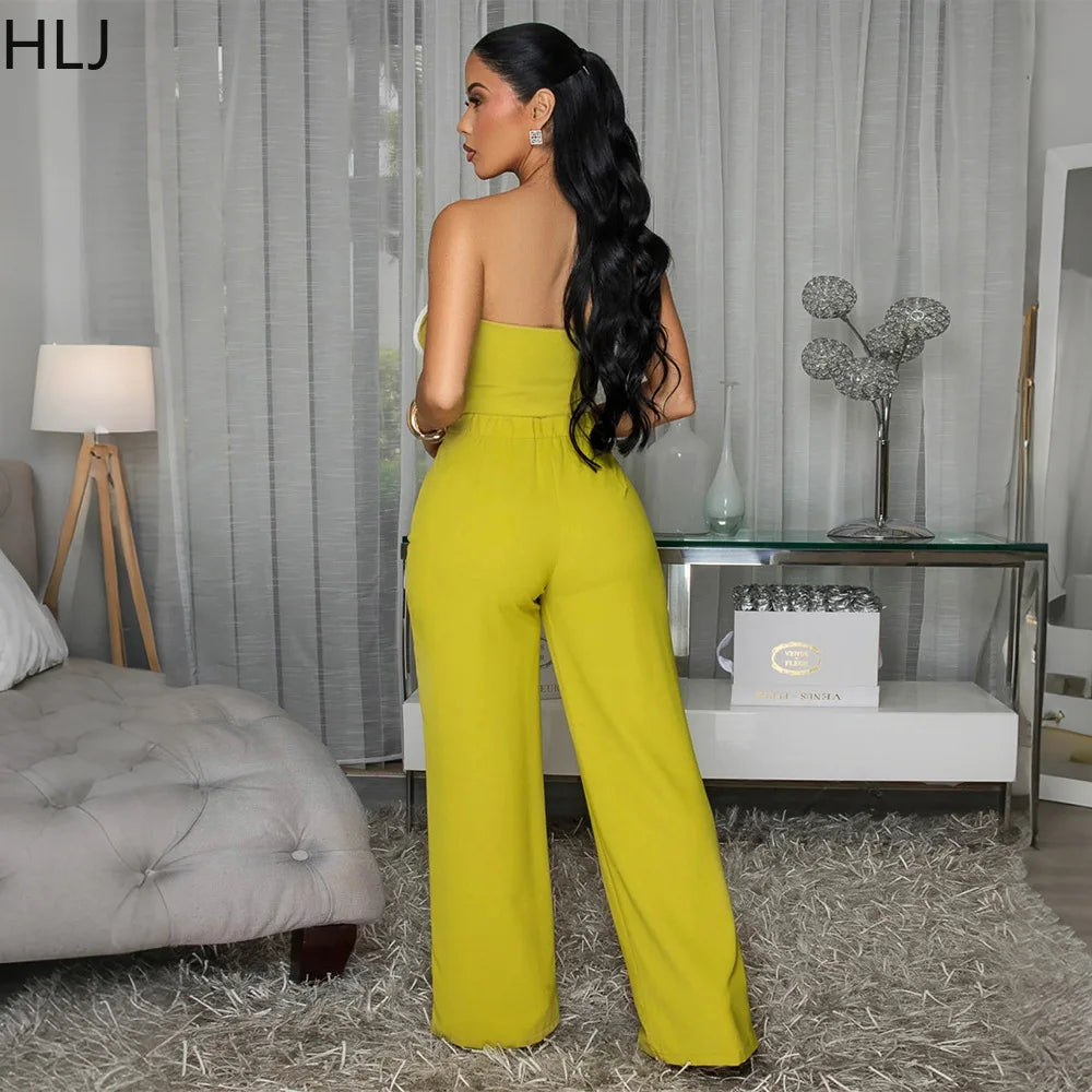 Women's New Arrival Solid Color Contrast Piping 3D Floral Bandeau Crop Top + High Waist Wide Leg Pants Matching Sets