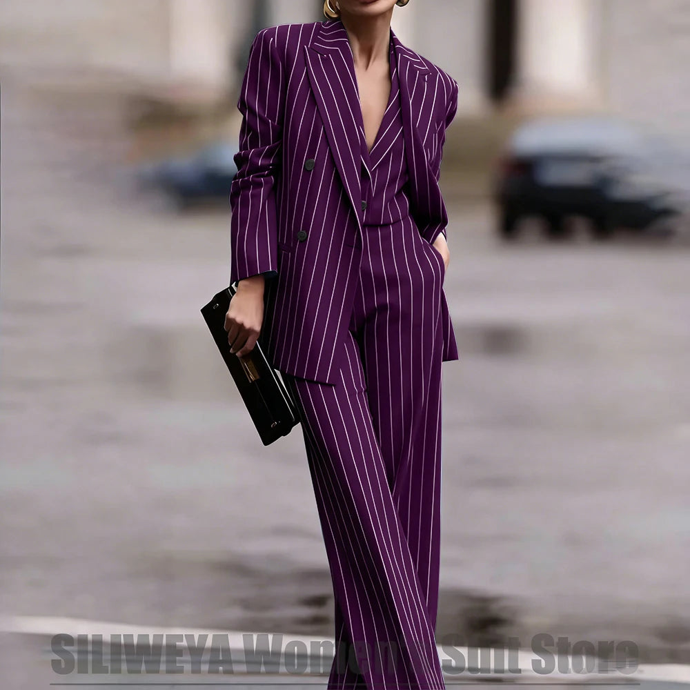 Navy Women's Double Breasted Striped 3 Piece Suits Blazer Vest Wide-Leg Pants Set Fashion Formal Party Office Casual Outfit