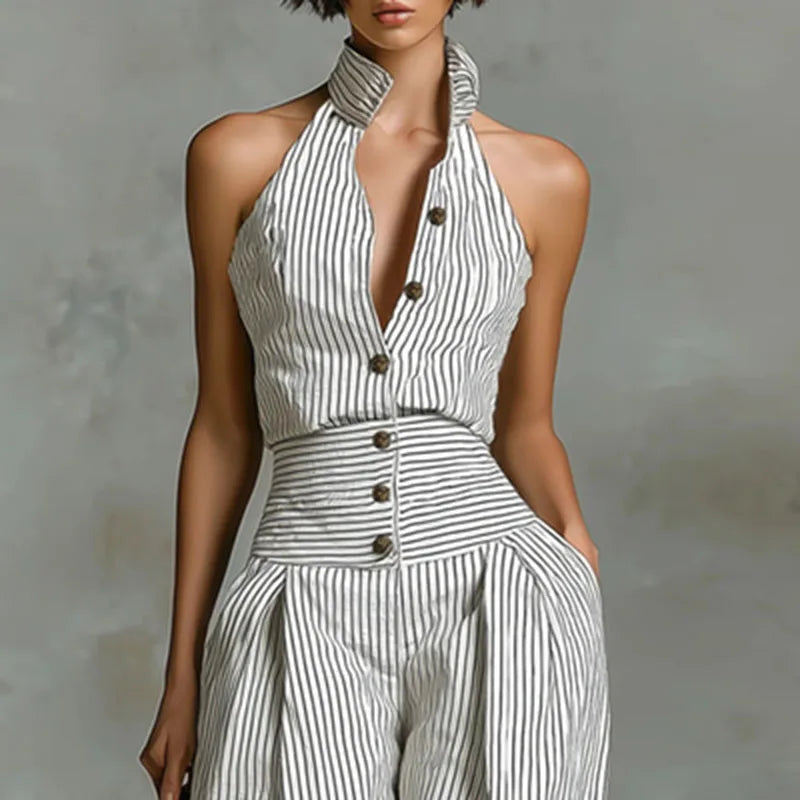 Woman's Summer Sleeveless Wide Leg Pants Jumpsuit Spring Plaid Print Loose Rompers Halter Hollow Boho Vacation Overalls