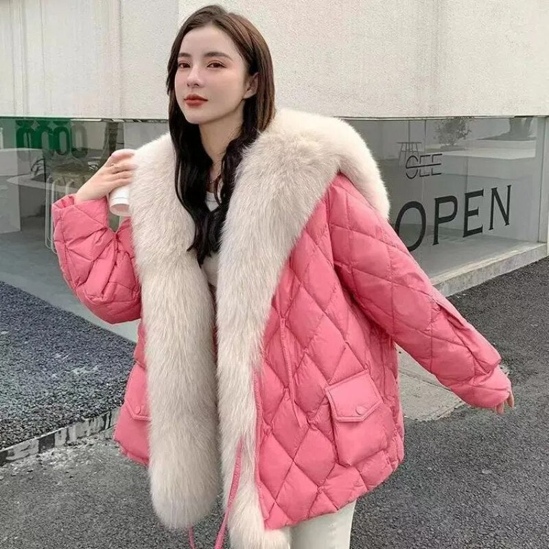 Women Winter Big Luxury Faux Fox Fur Collar Coat Jacket Windproof