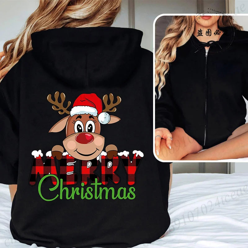 Women Men Oversize Merry Christmas Reindeer Print Zipper Hoodies Coat Tops Femme Zip Sweatshirts Christmas Party Jackets
