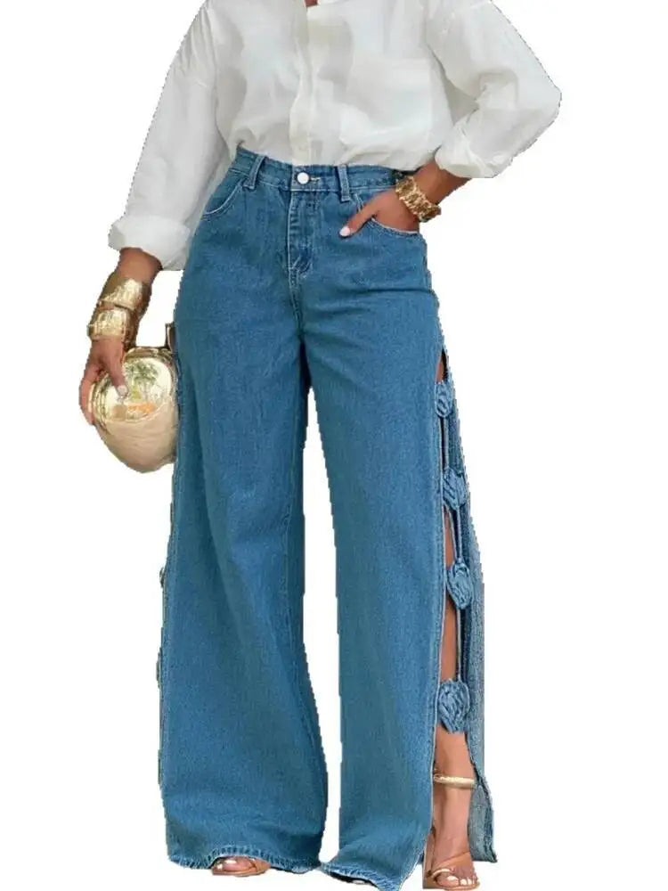 Women's European And American Style Hollowed Out Three-dimensional Flower Straight Leg Jeans For Women Spring 2026 New