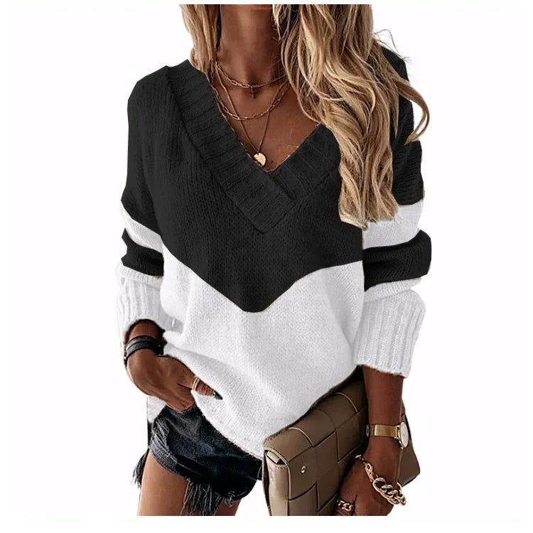 Women's Knitted V-neck Sweaters Stitching Contrast Color Long-Sleeved Knitting Top Pullover Autumn Winter Warm Female Jumper