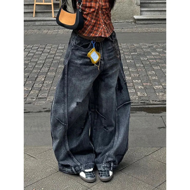 Women Vintage Black High Waisted Cargo Jeans Summer Casual Loose Big Size Wide Leg Denim Baggy Pants Y2K