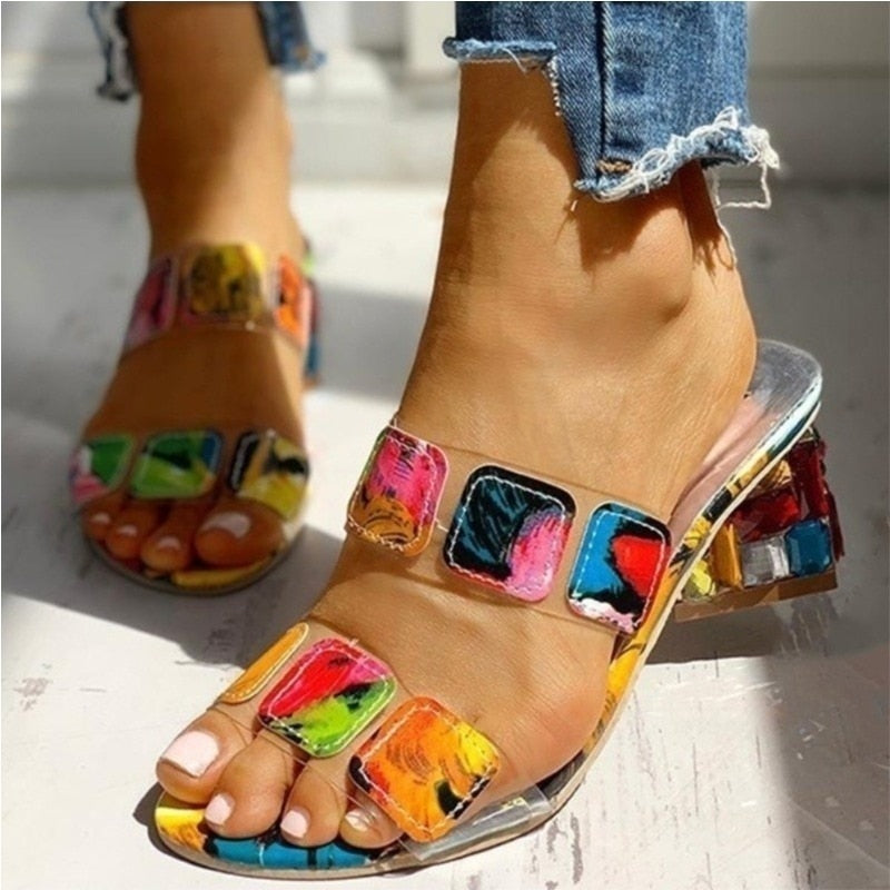 Women Sandals Square Heels Summer Peep Toe Ladies Multi Colors Heeled Outdoor Slippers